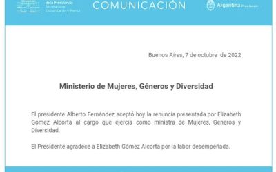 La titular del Ministerio de las Mujeres, Género y Diversidad, Elizabeth Gómez Alcorta, presentó su “renuncia indeclinable” y el Presidente Alberto Fernández la aceptó .