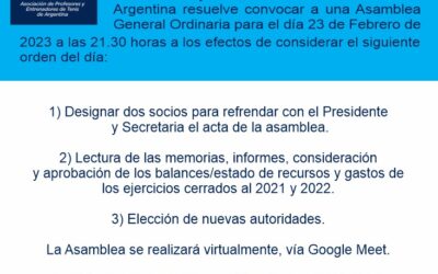 Asociación de Profesores y Entrenadores de Tenis de Argentina : Asamblea General Ordinaria (fuera de término)